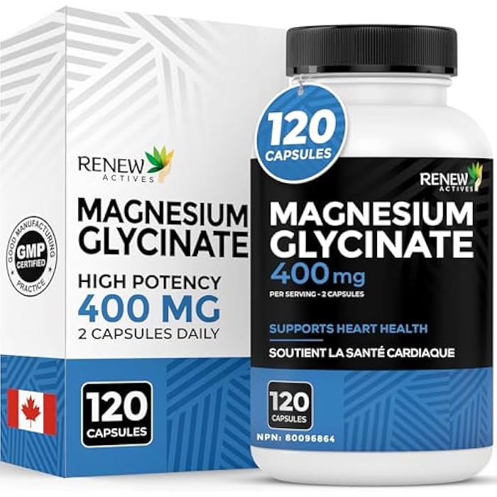 RENEW ACTIVES Magnesium Glycinate 400MG per 2 Capsules Pure Magnesium Bisglycinate for Full Body Relaxation, Sleep, Muscles, Bones & Energy - Electrolyte Balance - Made in Canada -120 Capsules - Image 1