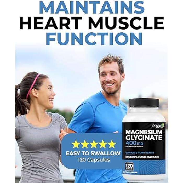 RENEW ACTIVES Magnesium Glycinate 400MG per 2 Capsules Pure Magnesium Bisglycinate for Full Body Relaxation, Sleep, Muscles, Bones & Energy - Electrolyte Balance - Made in Canada -120 Capsules - Image 3