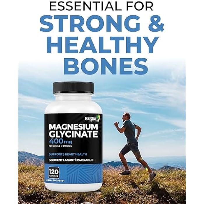 RENEW ACTIVES Magnesium Glycinate 400MG per 2 Capsules Pure Magnesium Bisglycinate for Full Body Relaxation, Sleep, Muscles, Bones & Energy - Electrolyte Balance - Made in Canada -120 Capsules - Image 4