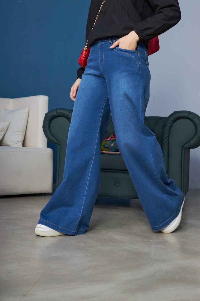 1067-DENIM Wide Leg Trousers Dark Blue