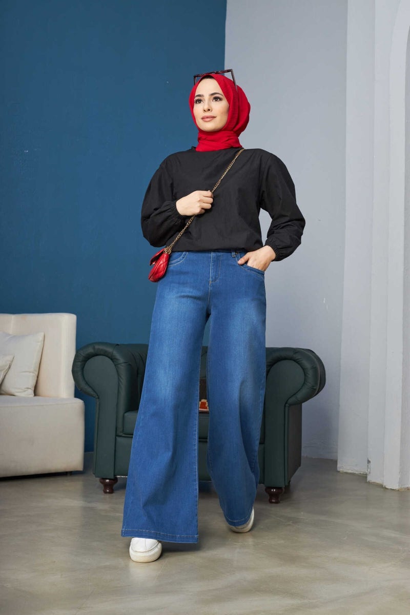 1067-DENIM Wide Leg Trousers Dark Blue