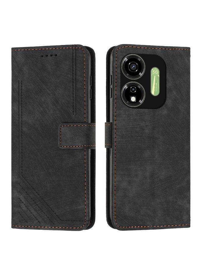 Green Tiger For itel P55 5G Skin Feel Stripe Pattern Leather Phone Case with Lanyard(Black)