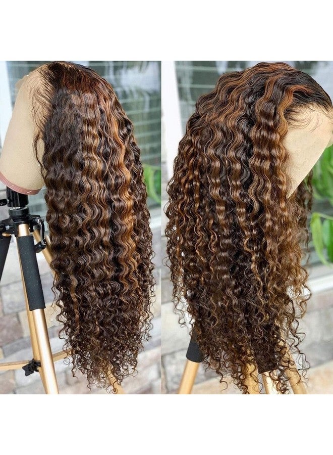 BLY Highlight Human Hair Lace Front Wigs Deep Wave #4/27 Ombre Colored Glueless Wigs Pre Plucked 16 Inch 4X4 Transparent Curly Water Wave Lace Wig Honey Blonde Real Human Hair 180% Density - Image 1
