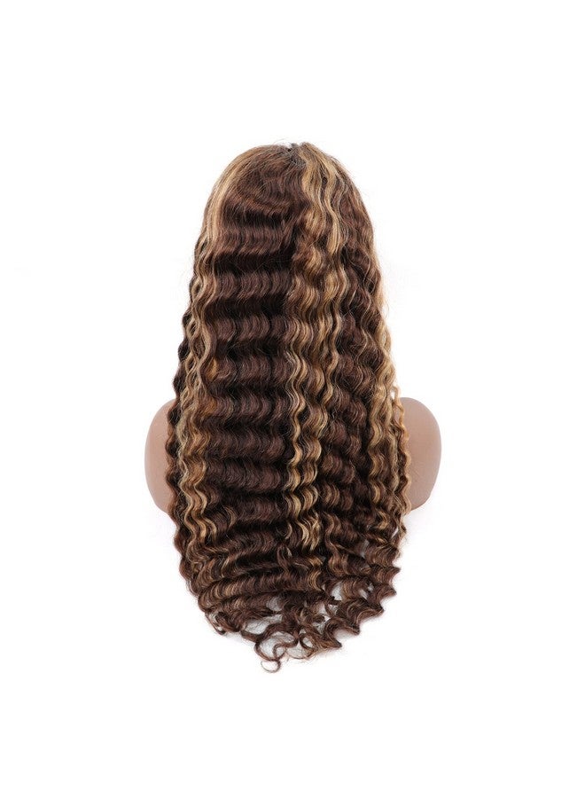 BLY Highlight Human Hair Lace Front Wigs Deep Wave #4/27 Ombre Colored Glueless Wigs Pre Plucked 16 Inch 4X4 Transparent Curly Water Wave Lace Wig Honey Blonde Real Human Hair 180% Density - Image 2