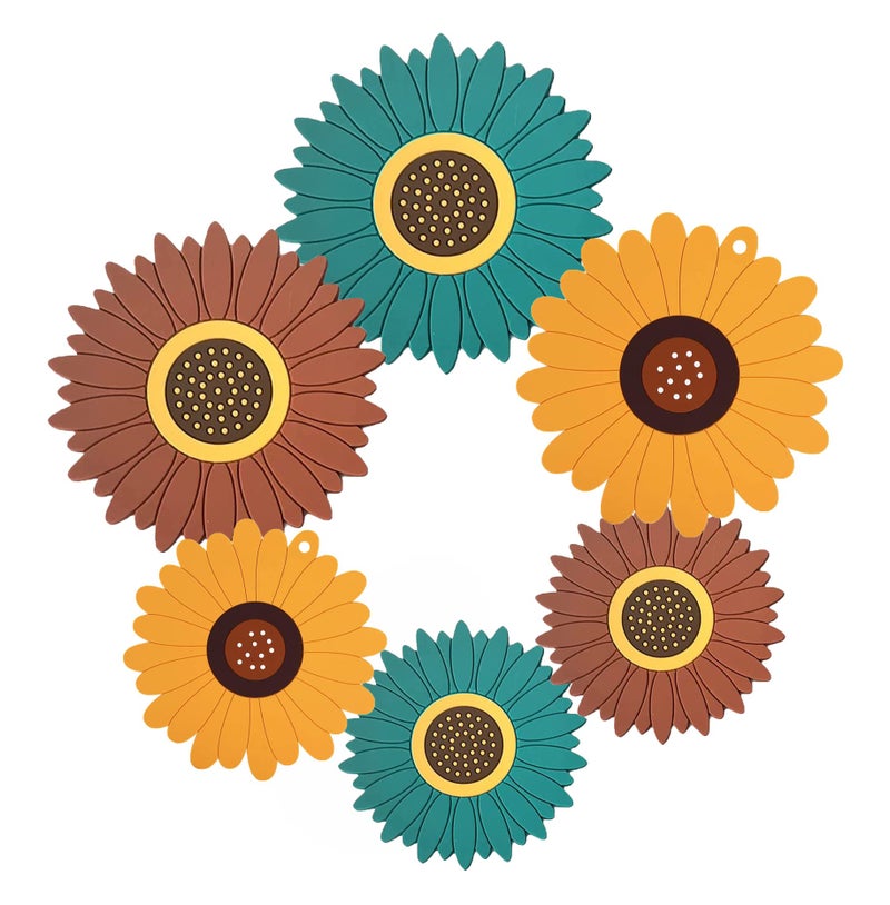 FS COOL Silicone Trivet Mat, Sunflower Hot Pot Holder, Hot Pads for Table and Countertop, Soft Rubber Multi-Use Trivets for Pots & Hot Dish, Non Slip Coasters (Big+Medium, Multi, Pack of 6) - Image 1