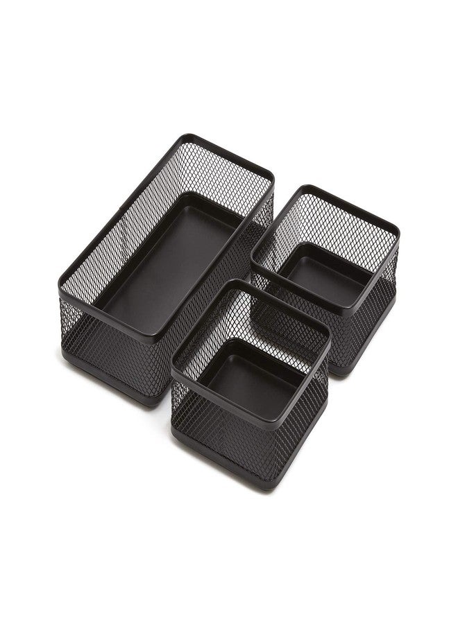 1InTheOffice Mesh Collection Desk Drawer Organizer Tray 3 Compartment - Stackable, Matte Black - Image 1