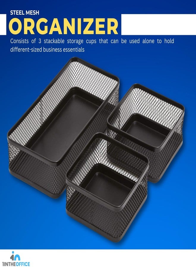 1InTheOffice Mesh Collection Desk Drawer Organizer Tray 3 Compartment - Stackable, Matte Black - Image 5