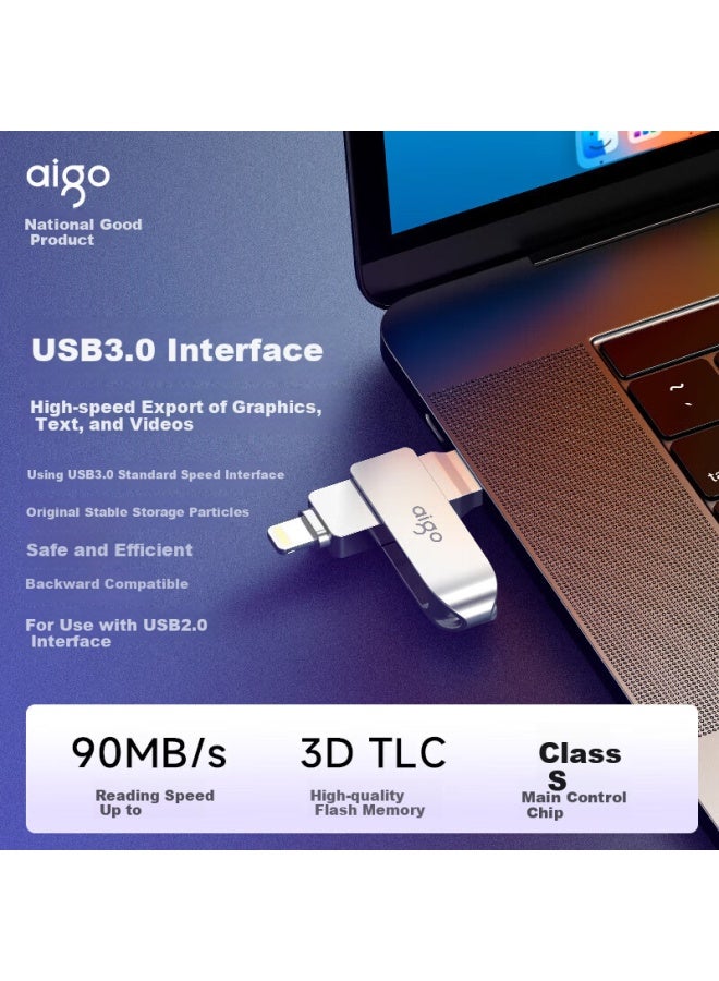 Aigo 64Gb Lightning Usb3.0 Apple U Disk U371 Apple Official Mfi Certified One-Click Backup Iphone/Ipad Dual-Use Flash Drive - Image 3