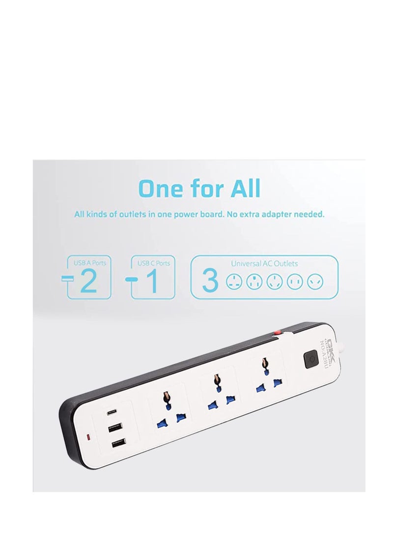 TYCOM - Power Strip Extension with USB Extension Cord Flat Plug with Widely Three AC Outlet and Two USB and One Type C Small Desktop Station with Six feet Power CordCompact Socket. - Image 1