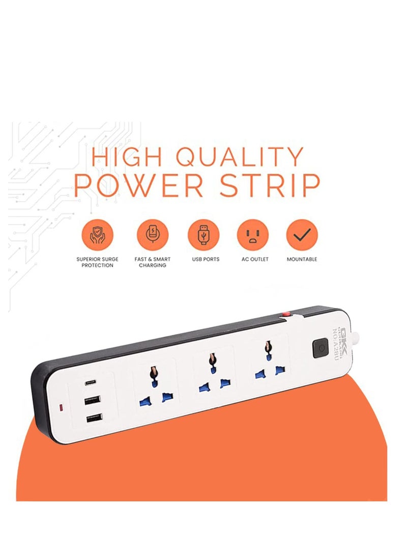 TYCOM - Power Strip Extension with USB Extension Cord Flat Plug with Widely Three AC Outlet and Two USB and One Type C Small Desktop Station with Six feet Power CordCompact Socket. - Image 1