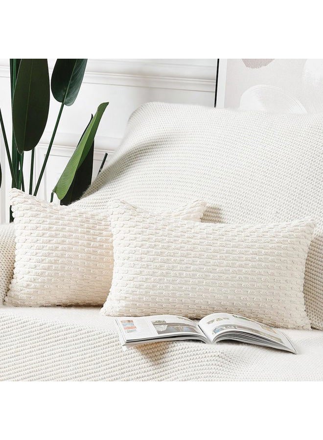 MADIZZ Pack of 2 Boho Striped Corduroy Throw Pillow Covers 12x20 Inch Cream White Soft Decorative Cushion Cover for Bedroom Sofa Pillow Shell - Image 1