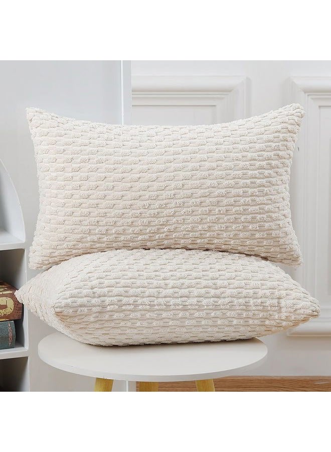 MADIZZ Pack of 2 Boho Striped Corduroy Throw Pillow Covers 12x20 Inch Cream White Soft Decorative Cushion Cover for Bedroom Sofa Pillow Shell - Image 2