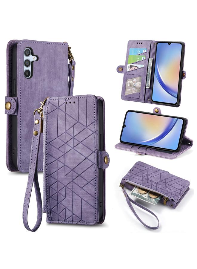 S-TOP Case For Samsung Galaxy A22 4G Geometric Zipper Wallet Side Buckle Leather Phone Case - Image 1