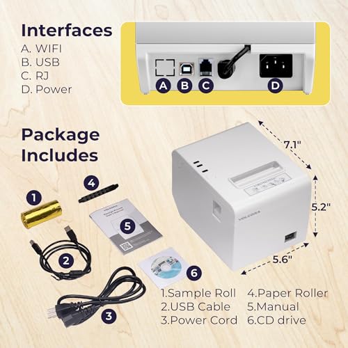 Volcora Thermal Receipt Printer, USB/WiFi Interface for Windows/MAC/Linux, 80mm POS Printer w/Auto Cutter, ESC/POS Command Support Cash Drawer, High Speed Wall Mount Kitchen Printer, White - Image 5
