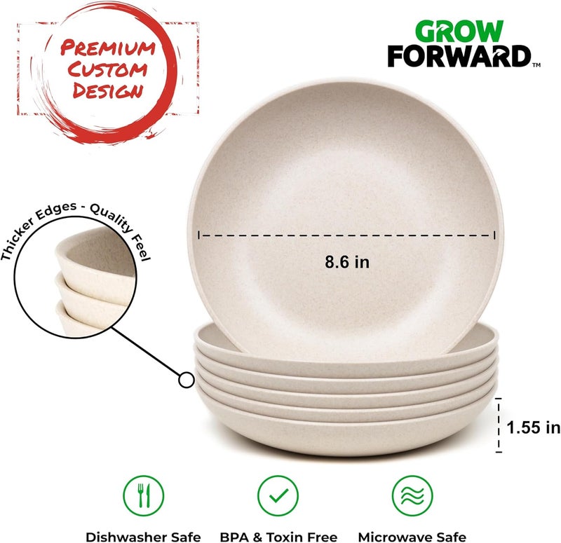 Grow Forward Premium Wheat Straw Pasta Bowls  30oz Unbreakable Wide  Shallow Dinner Plate Bowls Set of 6  Microwave Safe Reusable Plastic Pasta Bowls for Kids Adults Salad Camping RV  Sahara - Image 3