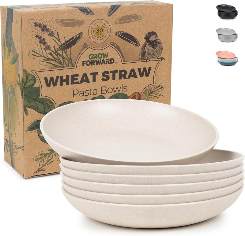 Grow Forward Premium Wheat Straw Pasta Bowls  30oz Unbreakable Wide  Shallow Dinner Plate Bowls Set of 6  Microwave Safe Reusable Plastic Pasta Bowls for Kids Adults Salad Camping RV  Sahara - Image 1