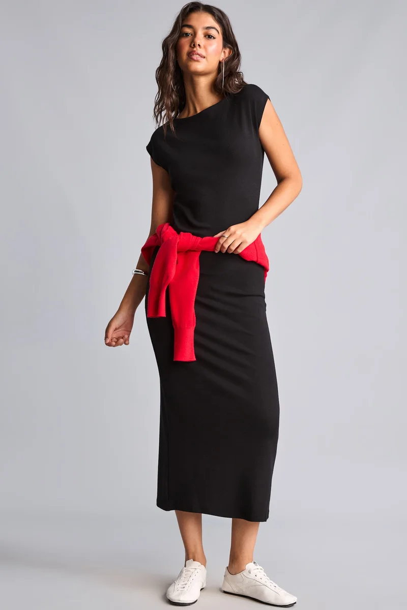 Bodycon Fit Modal High Neck Short Sleeve Cotton Midi Dress