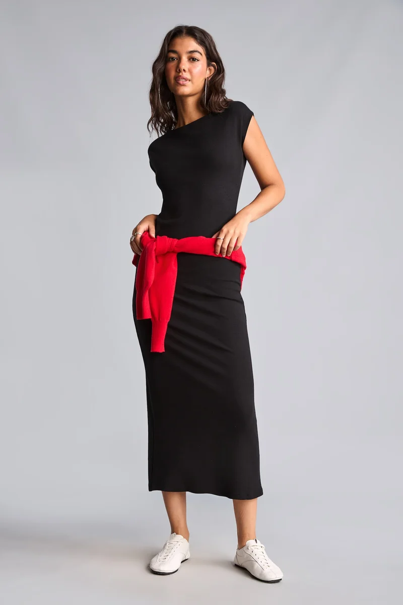 Defacto  Bodycon Fit Modal High Neck Short Sleeve Cotton Midi Dress for Women | Best Price UAE