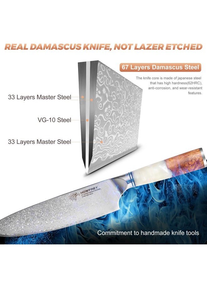 howfrey Damascus Chef Knife 8 Inch, 67-Layer Japanese Kitchen Knives Sharp VG-10 High Carbon Stainless Steel with Ergonomic Pakkawood Handles, Elegant Gift Box Packaging for Home and Kitchen - Image 3
