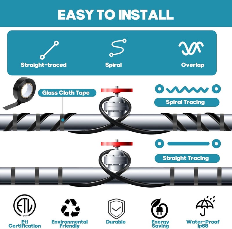 PBPHX 3FT-160FT Heat Tape for Water Pipes,Heating Cable for Pipe Freeze Protection,Water Pipe Insulation/Roof Snow De-Icing,Deicing Heating Cable,with Mounting Buckle (80FT) - Image 5