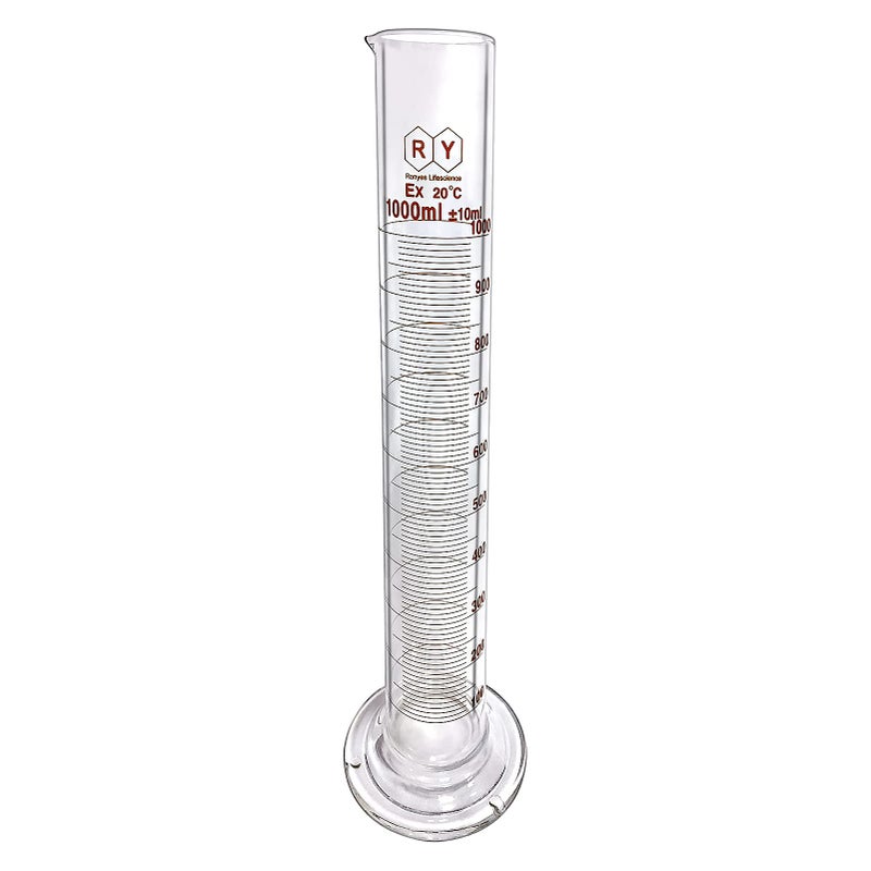 Ronyes Lifescience 1000ml Glass Graduated Cylinder Measuring Bottle Single Metric Scale with Cleaning Brush