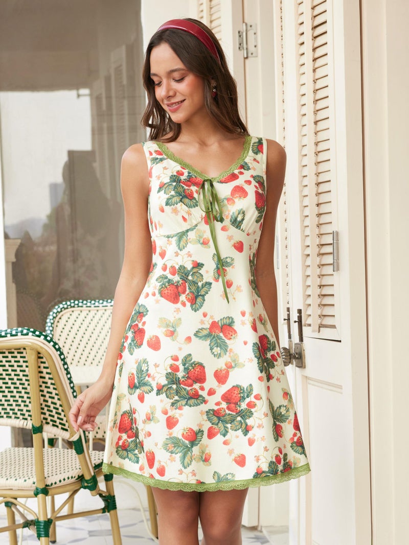 Floral Mini Dress - Sleeveless V-Neck A-Line Lace Trim - Image 2