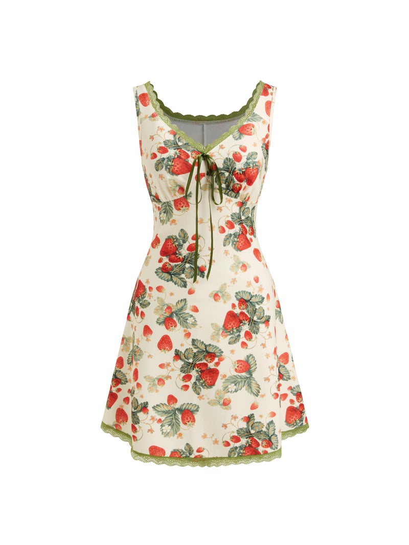 Floral Mini Dress - Sleeveless V-Neck A-Line Lace Trim - Image 1