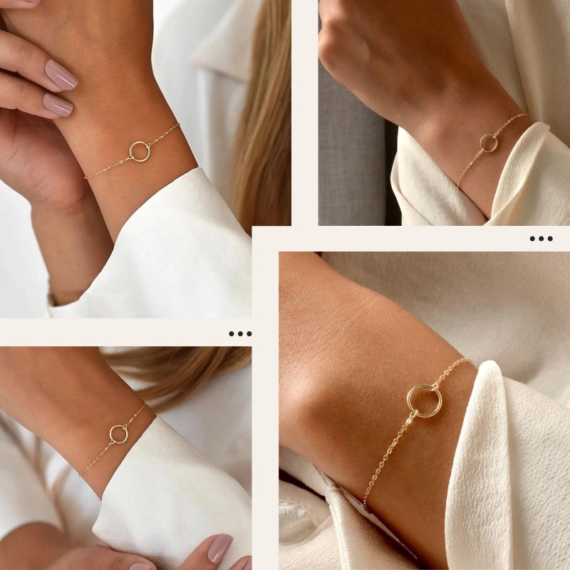 NOKMIT 14K Gold Solid 925 Sterling Silver Bracelets for Women, Dainty Karma Circle Adjustable Thin Chain Bracelet, Trendy Stackable Link Bracelets, Simple Cute Jewelry Gifts - Image 3