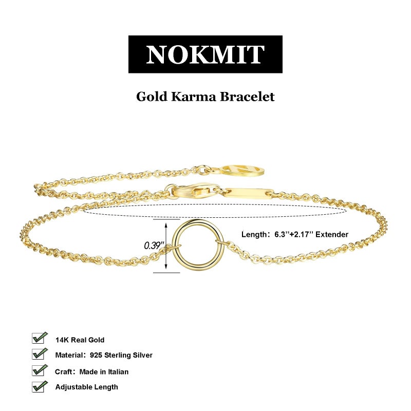 NOKMIT 14K Gold Solid 925 Sterling Silver Bracelets for Women, Dainty Karma Circle Adjustable Thin Chain Bracelet, Trendy Stackable Link Bracelets, Simple Cute Jewelry Gifts - Image 2