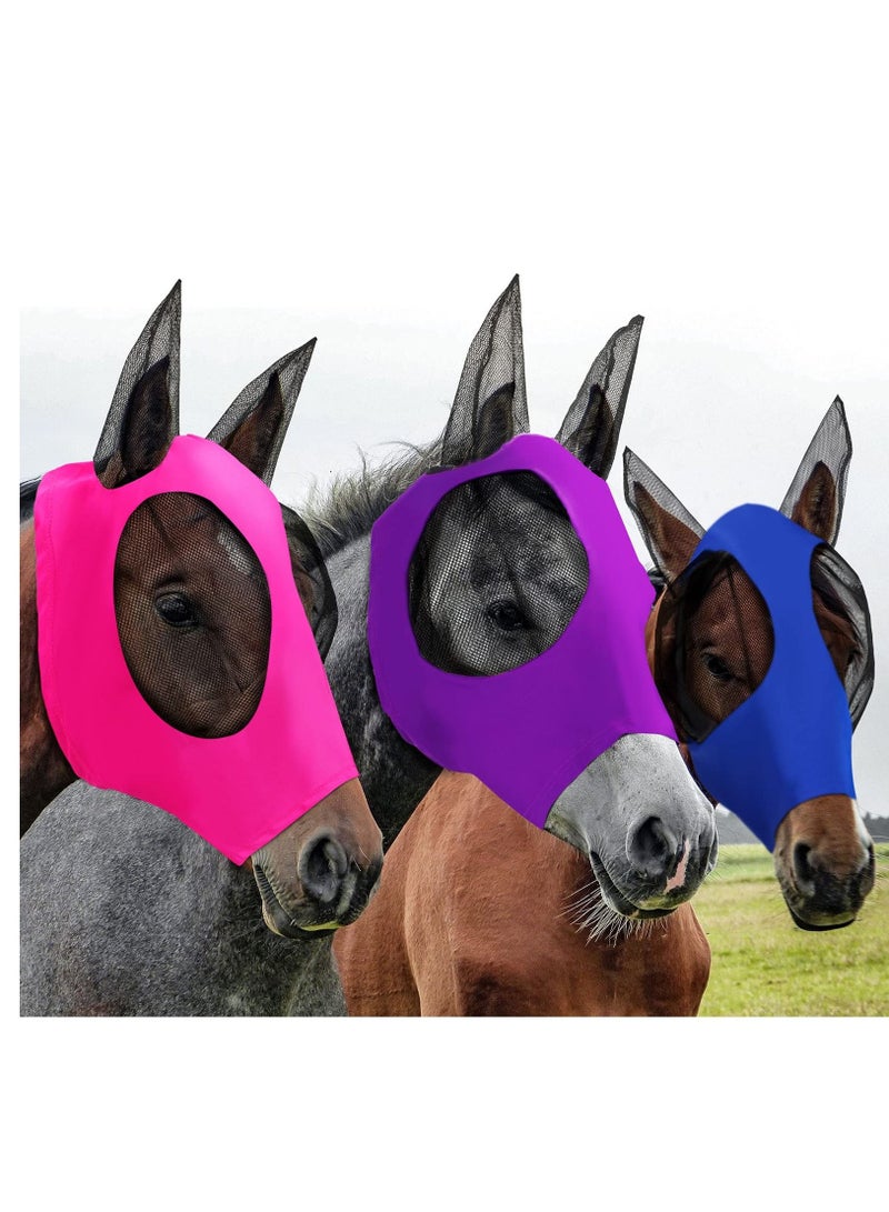 Y&D 3 Pieces Horse Fly Mask with Ears Protection Smooth Elastic Sun for Horses, Colors (Purple, Blue, Pink,L)  - Image 1