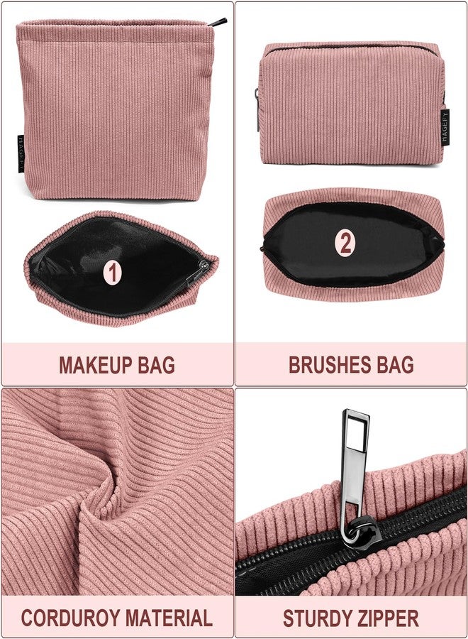 MAGEFY 2 Pcs Makeup Bags for Women, Corduroy Make up Bag for Purse Travel Makeup Bag Small Cosmetic Bags with Zipper Makeup Pouch for Travelling - Dusty Pink - Image 4