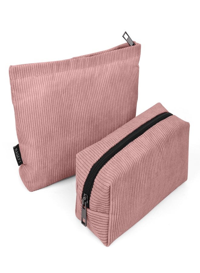 MAGEFY 2 Pcs Makeup Bags for Women, Corduroy Make up Bag for Purse Travel Makeup Bag Small Cosmetic Bags with Zipper Makeup Pouch for Travelling - Dusty Pink - Image 5
