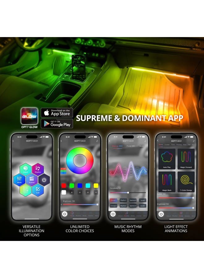 OPT7 Aura DreamColor RGB-IC Car Interior Ambient Light, 6PC Double Row LED Strips, Color Chasing Light Kit w/APP & Remote Control, Universal for Vehicles SUV Trucks Pickups Van - Image 2