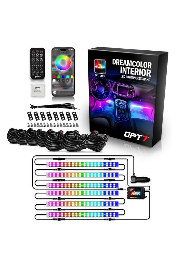 OPT7 Aura DreamColor RGB-IC Car Interior Ambient Light, 6PC Double Row LED Strips, Color Chasing Light Kit w/APP & Remote Control, Universal for Vehicles SUV Trucks Pickups Van - Image 1