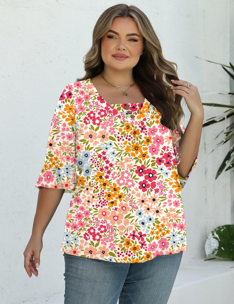TFSDOD Plus Size Button Down Shirts for Women 3/4 Ruffle Sleeve Summer Tops Floral Printed Dressy Casual Clothing 4XL - Image 4