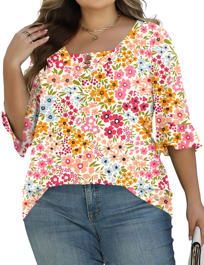 TFSDOD Plus Size Button Down Shirts for Women 3/4 Ruffle Sleeve Summer Tops Floral Printed Dressy Casual Clothing 4XL - Image 3