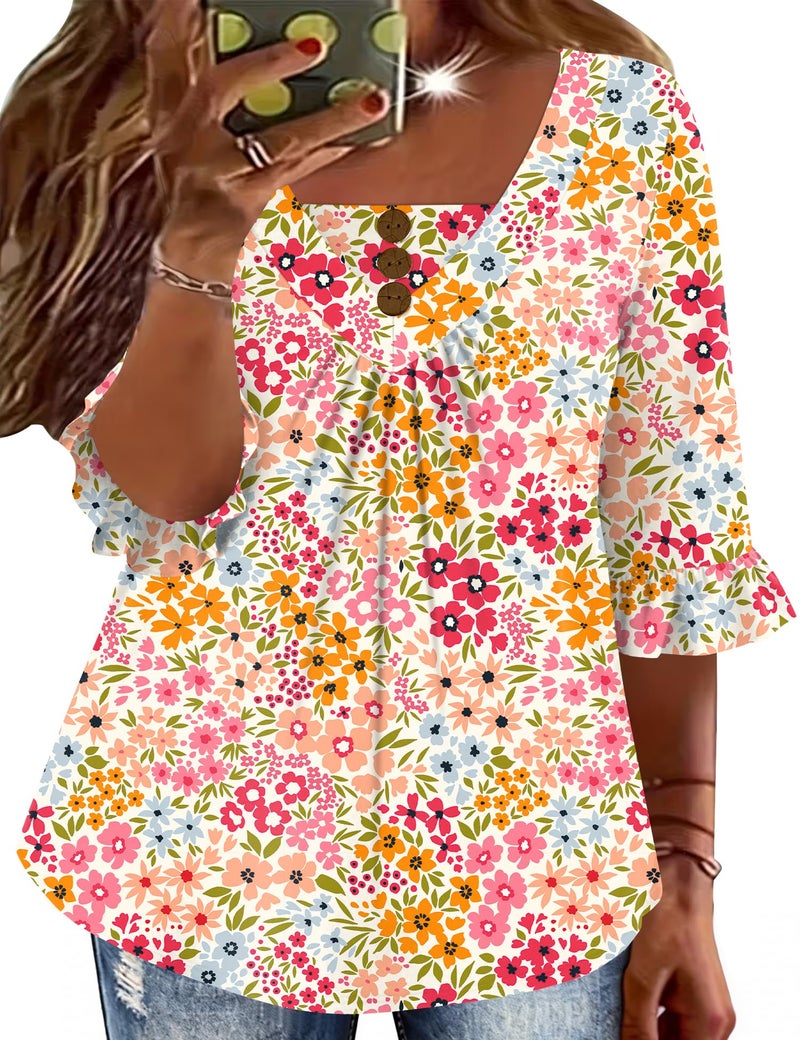 TFSDOD Plus Size Button Down Shirts for Women 3/4 Ruffle Sleeve Summer Tops Floral Printed Dressy Casual Clothing 4XL - Image 1