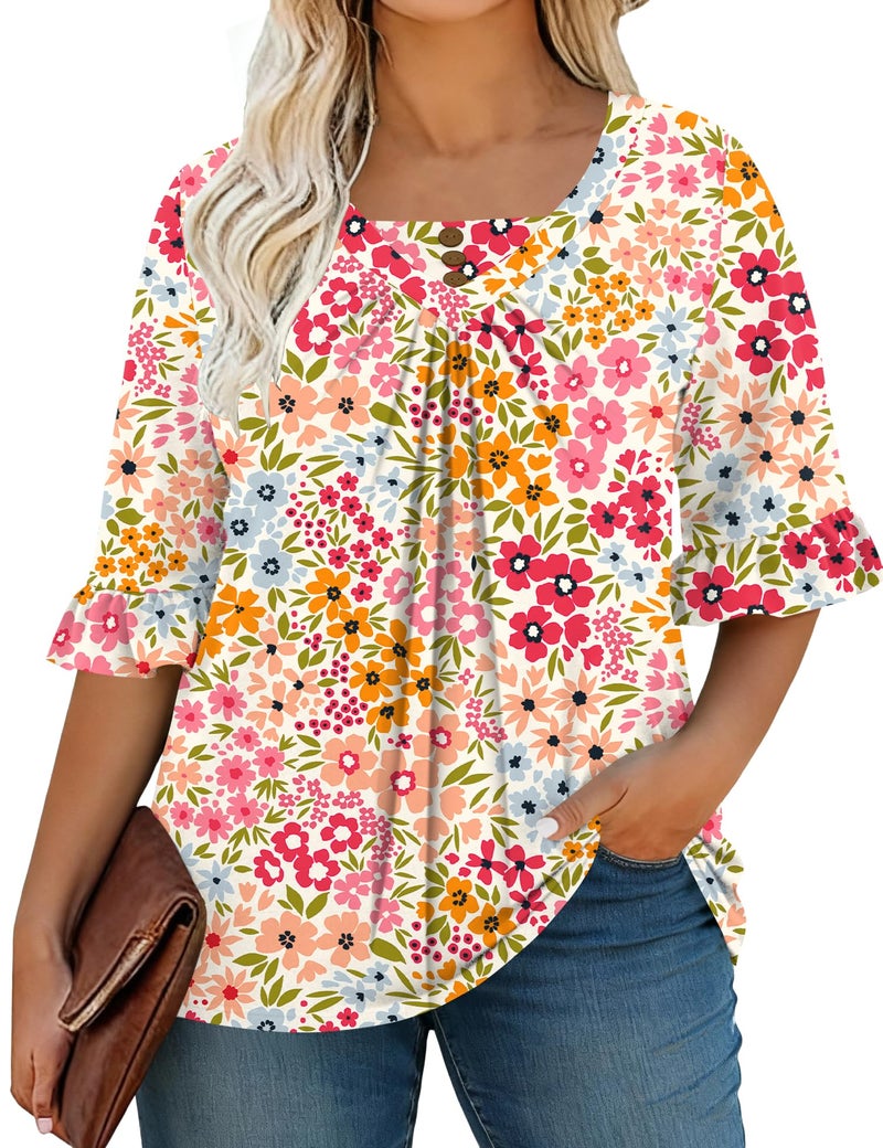 TFSDOD Plus Size Button Down Shirts for Women 3/4 Ruffle Sleeve Summer Tops Floral Printed Dressy Casual Clothing 4XL - Image 2