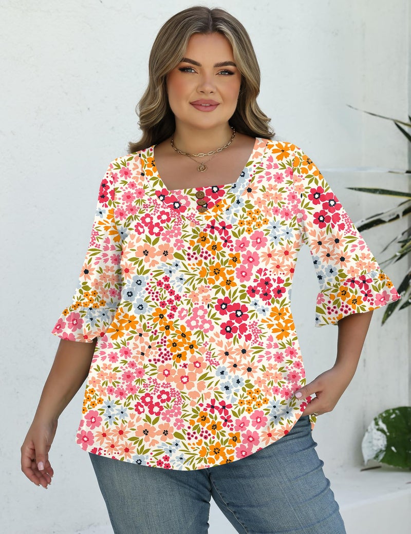 TFSDOD Plus Size Button Down Shirts for Women 3/4 Ruffle Sleeve Summer Tops Floral Printed Dressy Casual Clothing 4XL - Image 5