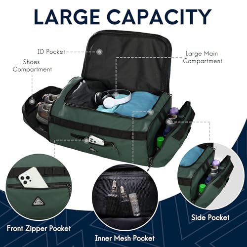 Haimont 50L Travel Duffle Bag for Men Women Foldable Sports Duffle Backpack for Gym Hiking Camping Workout Outdoor 60L with Pocket & Shoe Compartment, Upgrade, Army Green - Image 3