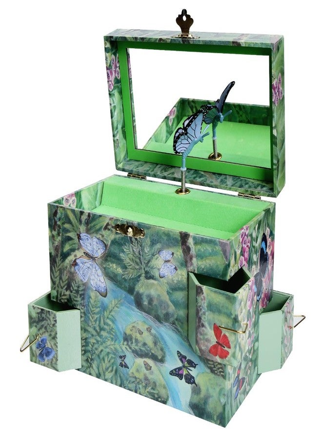 Enchantmints Mariposa Butterfly Music Jewelry Box for Children - Velvet Lining, 4 Drawers, Blue Butterfly Figurine - 7.75 x 4.5 x 6 inches