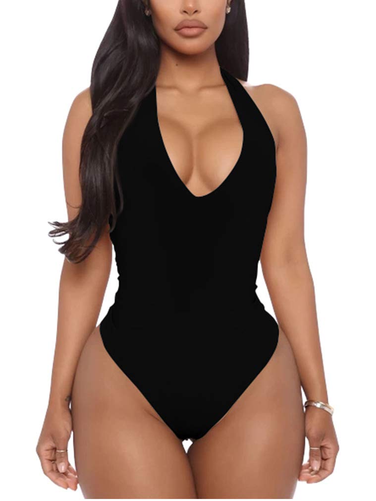 YMDUCH Women's Sexy Sleeveless Halter V Neck Backless Leotard Bodysuit Tops Black - Image 1