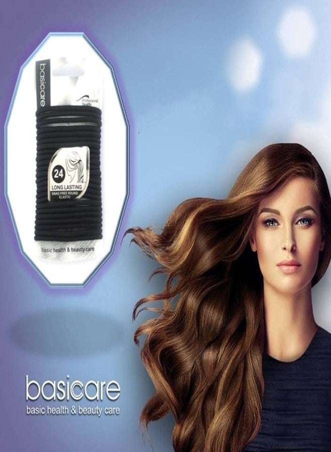 Basicare Black Color Long Lasting Snag Free Round Elastic. No Metal Hair Elastics, Elastic Hair Band For Thick, Curly And Straight Hair Ponytail Holders. Hair Ties For Girls. Pack Of 24 - Image 4