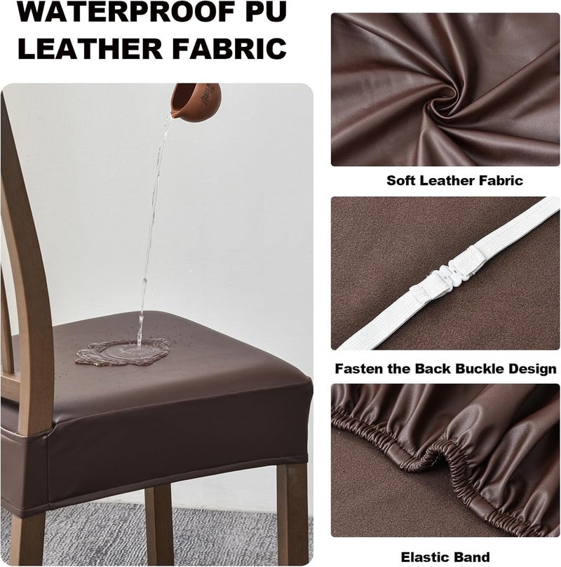 FUANGUI Dining Chair Covers Set of 4 Waterproof PU Leather Stretch Chair Seat Slipcovers Soft Removable Washable Chair Covers Kitchen Chair Seat Covers Protectors Dining Room PuCoffce - Image 3