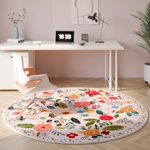 Rugcomf Round Rug 4ft Washable Circle Rug Non Slip Low Pile Boho Floral Small Circular Rug for Bedroom, Bathroom, Entryway, Kids Room, Office, College Dorm(Beige) - Image 5