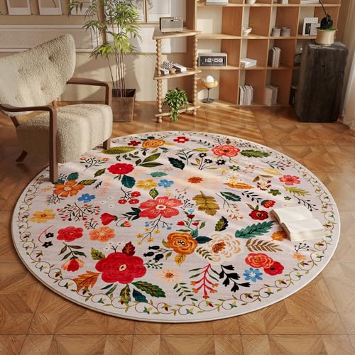 Rugcomf Round Rug 4ft Washable Circle Rug Non Slip Low Pile Boho Floral Small Circular Rug for Bedroom, Bathroom, Entryway, Kids Room, Office, College Dorm(Beige) - Image 1