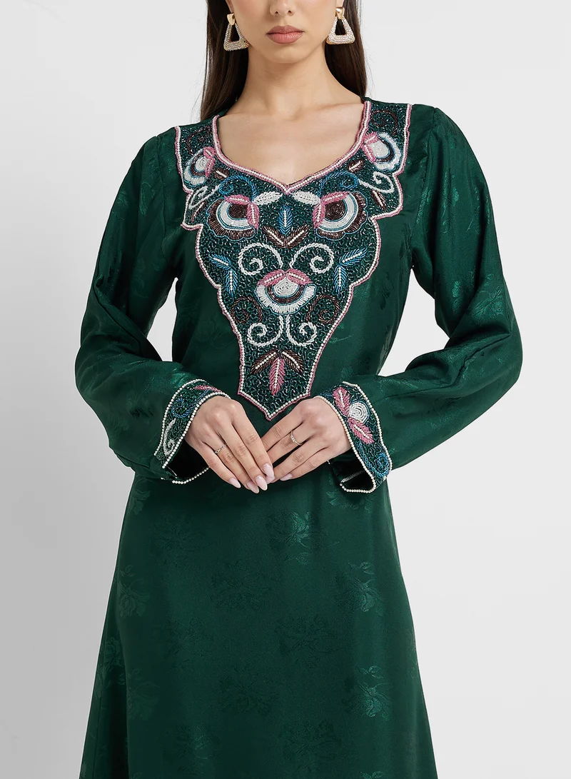 ARABIAN CLOSET Embellished Belted Jalabiya
