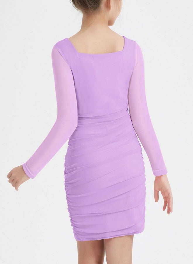 EXARUS فستان بناتي من إكساروس بأكمام طويلة وحمالات رفيعة، مناسب لحفلات المراهقات والرقص والعطلات والمناسبات الشتوية الرسمية وحفلات التخرج، فستان أنيق، بنفسجي بأكمام طويلة، مقاس 12 سنة - Image 3