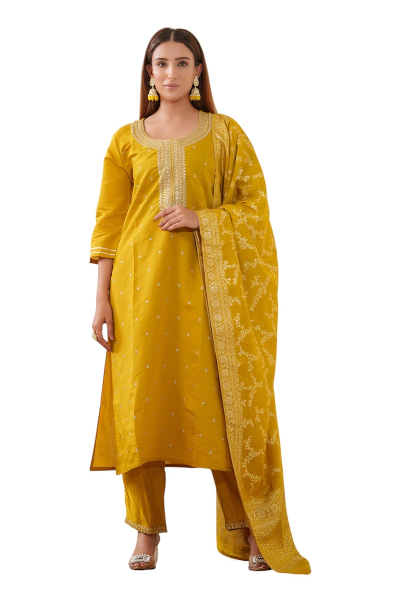 Kaari Women's Embroidered Kurti Set with Dupatta | Ethnic Suits with Embellished Dupatta | Everyday and Festive Kurti Set for Women|Mustard|M - Image 1