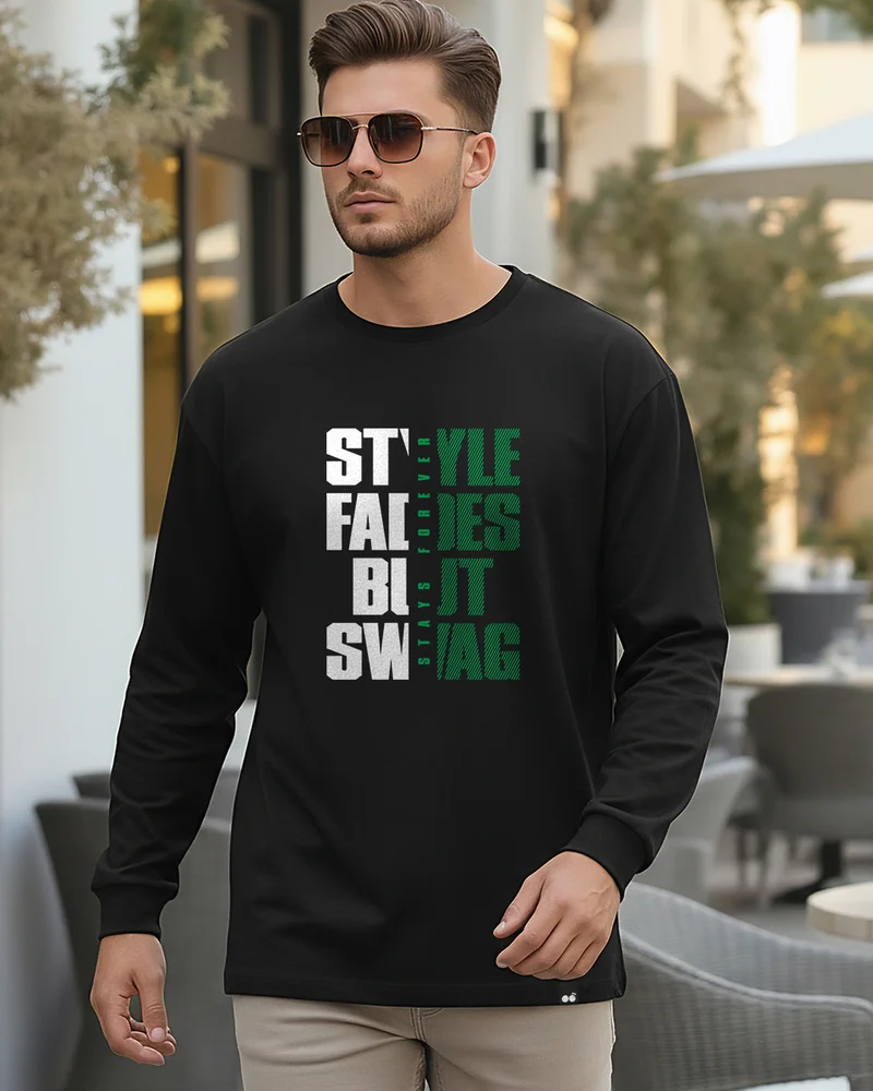 بيواكوف Men's Jet Black Style Swag Typography Oversized T-shirt